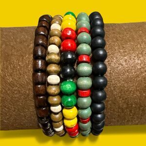 Rasta Wooden Bead Bracelets - 5 Piece Set - Stacking Layering - Flower - Unisex